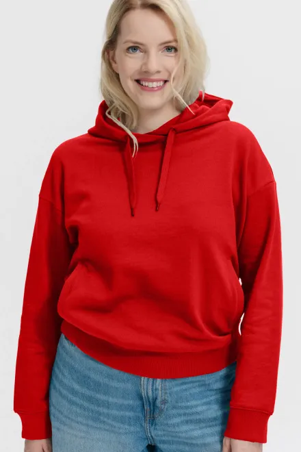 Kényelmes női pulóver kapucnival, piros