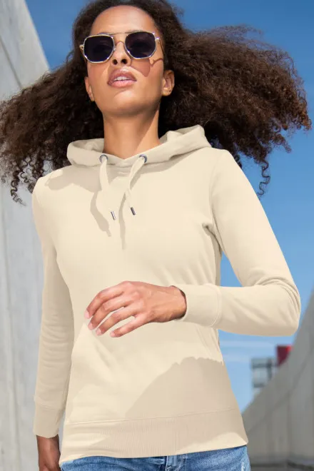 Női pulóver kapucnival cipzár nélkül, mandula