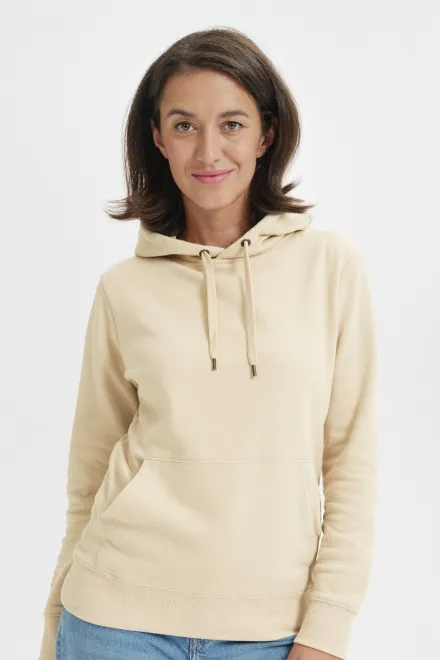 Női pulóver kapucnival cipzár nélkül, mandula