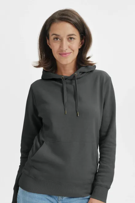 Női pulóver kapucnival cipzár nélkül, sötét pala