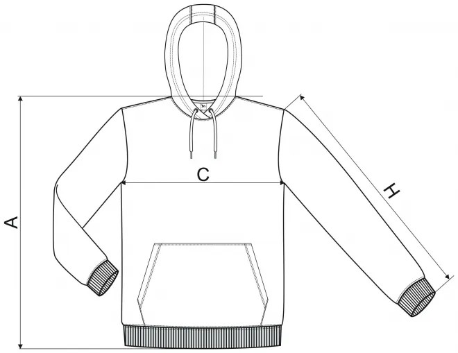 Férfi pulóver kapucnival cipzár nélkül - mérettáblázat