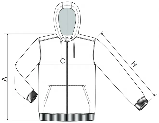 Férfi pulóver kapucnival - mérettáblázat
