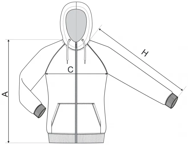 Női kontrasztos pulóver kapucnival - mérettáblázat